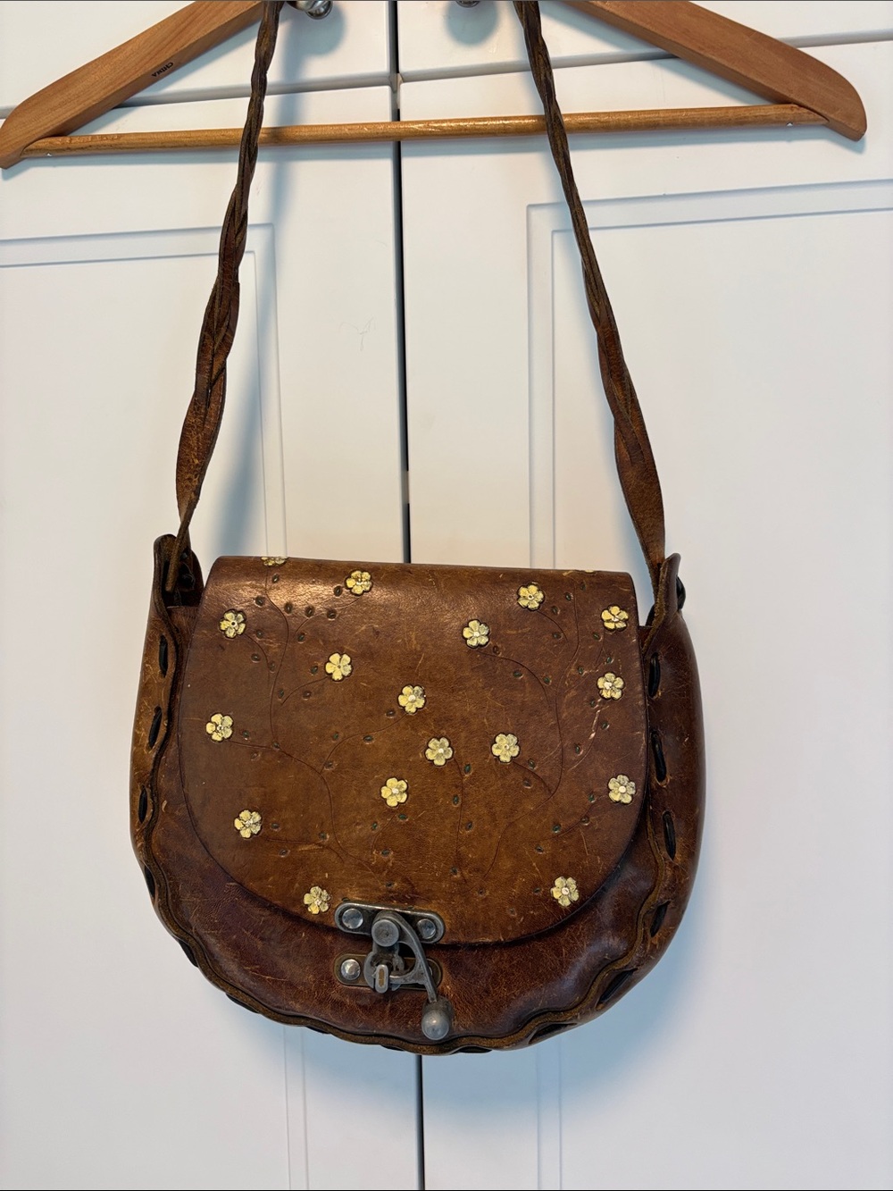 Brown Floral Embossed Leather Crossbody Bag